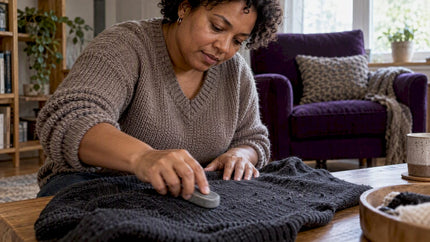 Hands gently removing pills from a knit sweater
