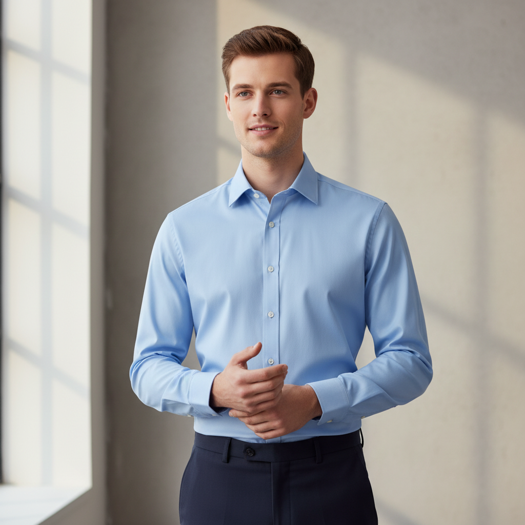 Young man is wearing a button down shirt color is sky Blue