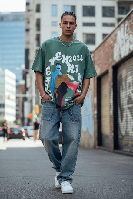 Person wearing a green t-shirt with artistic design and text