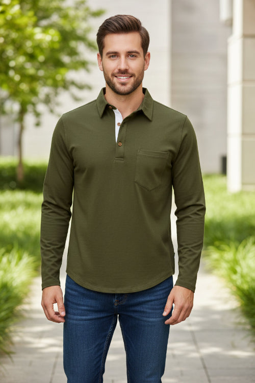 Man wearing a green long-sleeve shirt with a white collar on a white background
