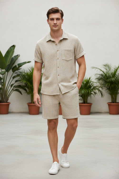 Beige checkered shirt and shorts set on a white background