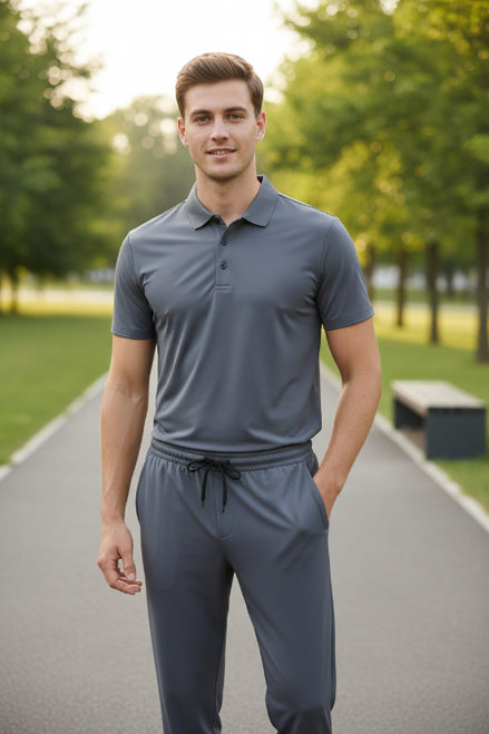 Gray polo shirt and pants set on a white background with a blue gradient.