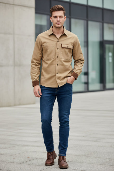 Beige shirt with brown accents on a white background
