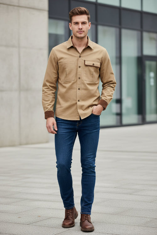 Beige shirt with brown accents on a white background