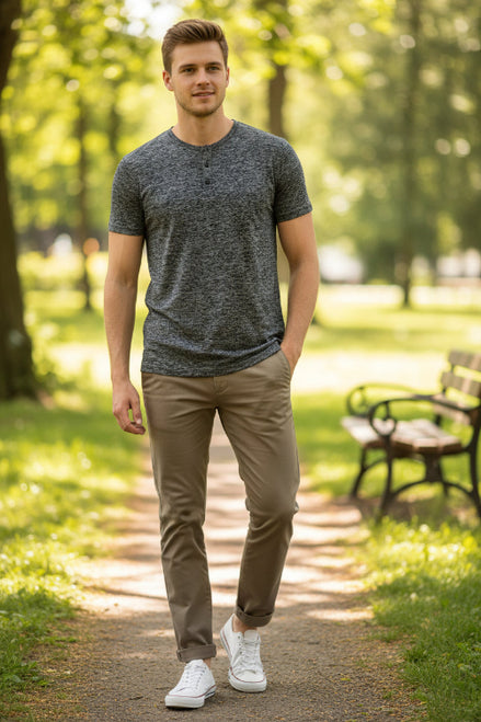 Gray short-sleeve henley shirt on a white background