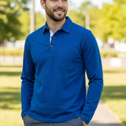 Blue long-sleeve polo shirt worn by a person on a white background