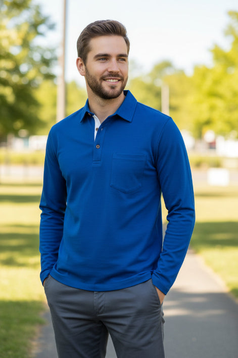 Blue long-sleeve polo shirt worn by a person on a white background