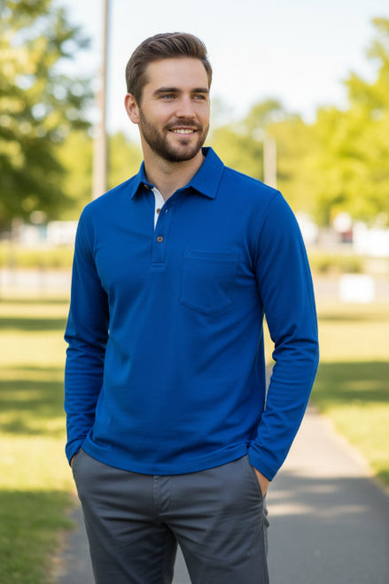 Blue long-sleeve polo shirt worn by a person on a white background