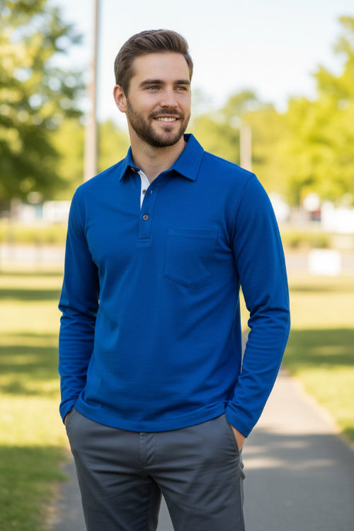 Blue long-sleeve polo shirt worn by a person on a white background