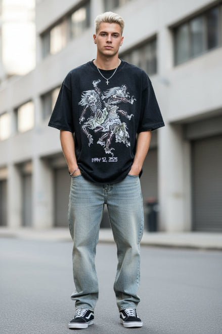 Person wearing a black t-shirt with a skeleton design and text on a beige background
