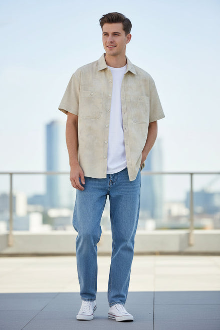 Beige short-sleeve shirt with a collar on a white background