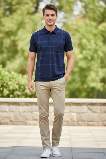 Navy blue checkered shirt on a hanger with a white background