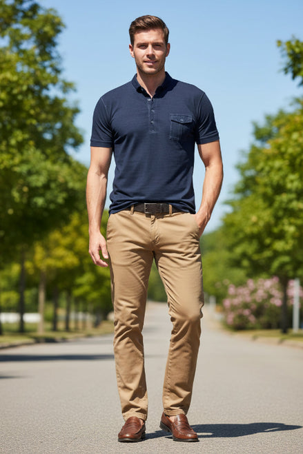 Man wearing a navy blue polo shirt with a pocket on a white background