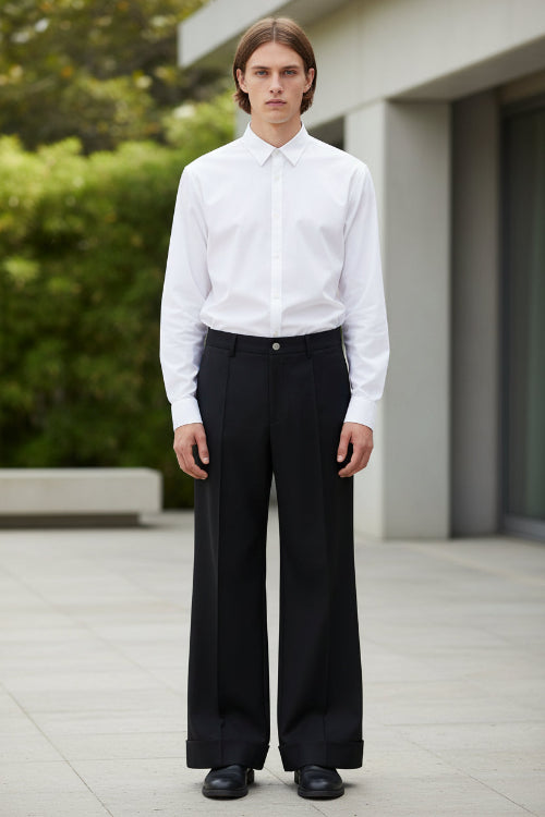 Black wide-leg pants on a white background