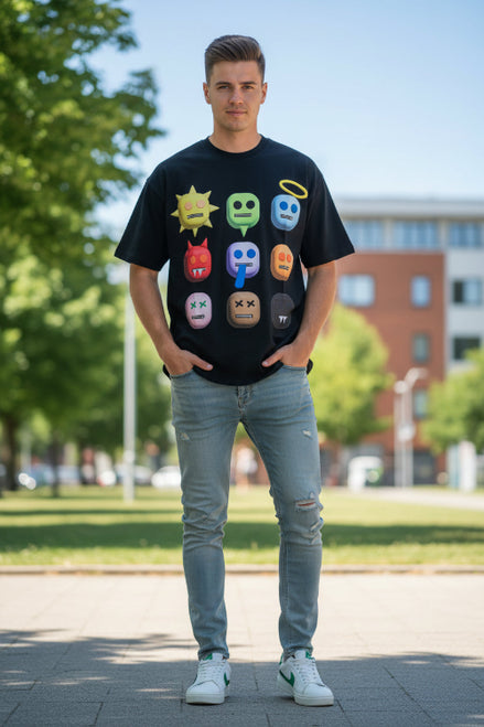 Black t-shirt with colorful emoji faces on a white background