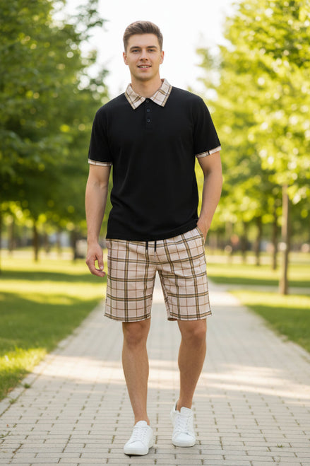 Black polo shirt with plaid collar and beige plaid shorts on a white background