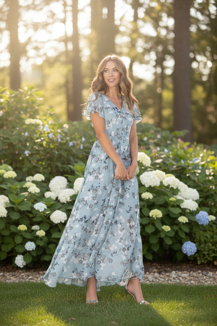 Woman wearing a light blue floral dress on a white background