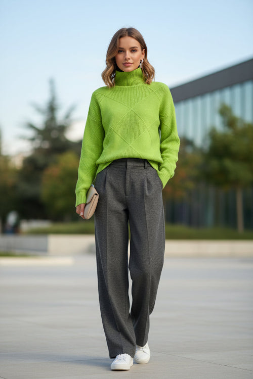 Person wearing a bright green sweater with a textured pattern against a beige wall.