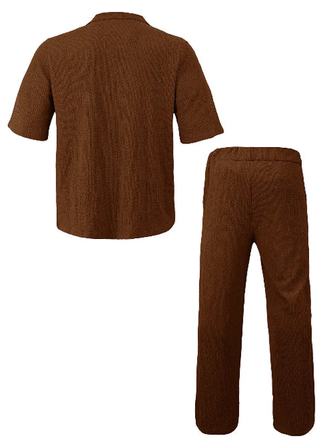 A two-piece men's pajama set in a textured brown corduroy-like fabric, showing the back view of a short-sleeve top 