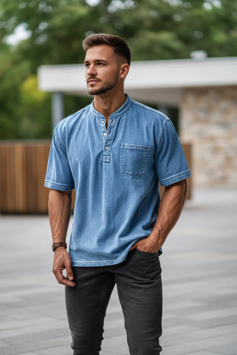 Man wearing a blue denim shirt with a pocket on a white background