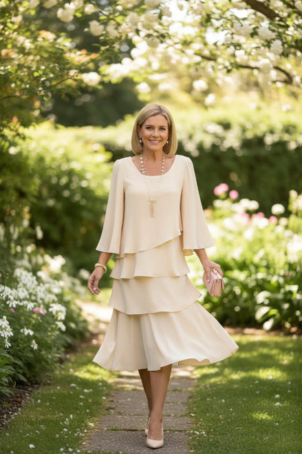Woman wearing a beige two-piece outfit with a matching clutch against a white background