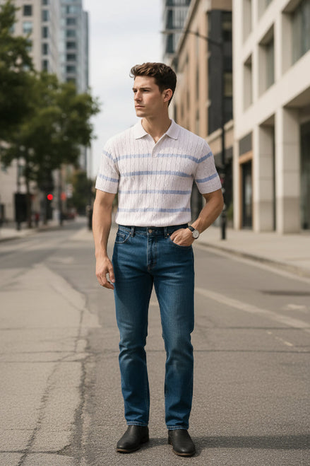 Man wearing a white polo shirt with blue stripes and blue jeans standing on a street.