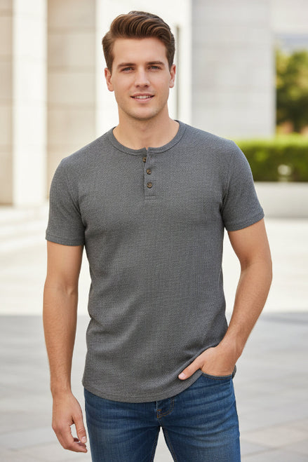 Gray short-sleeve henley shirt on a white background