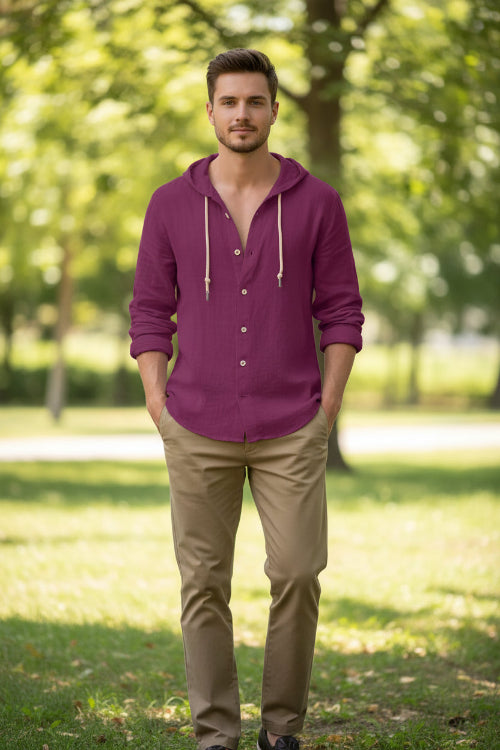 Purple button-up shirt with a hood on a white background