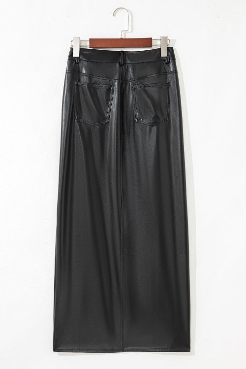 Black leather skirt on a hanger against a white background