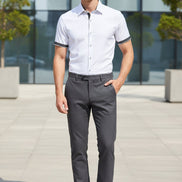 White short-sleeve shirt with black patterned accents on a white background