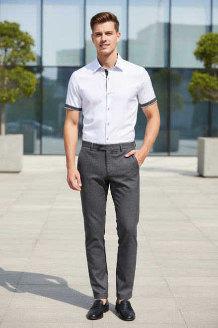 White short-sleeve shirt with black patterned accents on a white background