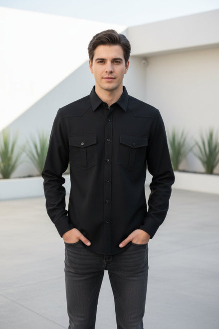 Black shirt with two front pockets on a white background