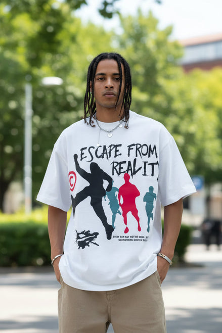 Person wearing a white t-shirt with 'Escape from Reality' graphic design.