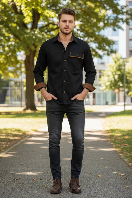 Black shirt with brown accents on a white background