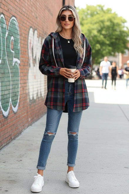 Woman wearing a plaid hoodie and sunglasses, holding a coffee cup.