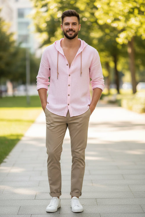 Pink button-up shirt with a hood on a white background