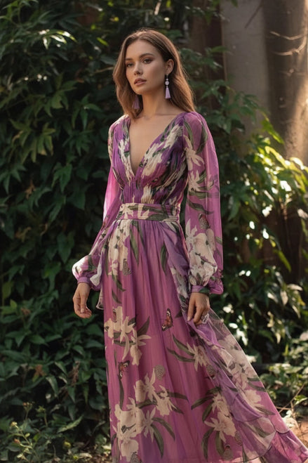 Woman wearing a long floral dress with a blurred natural background