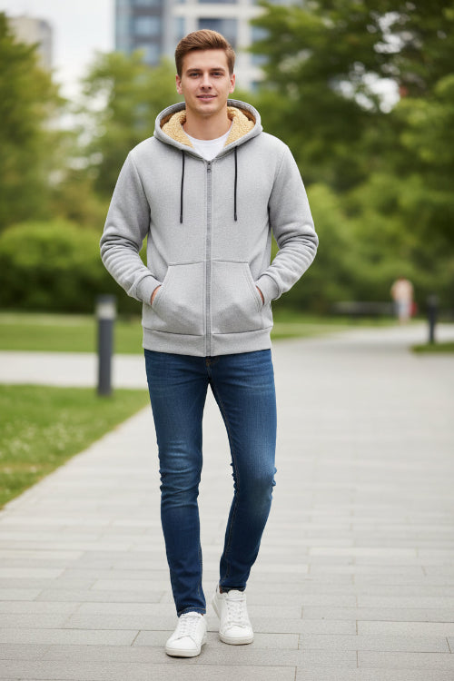 Gray hoodie with a yellow fleece lining on a white background