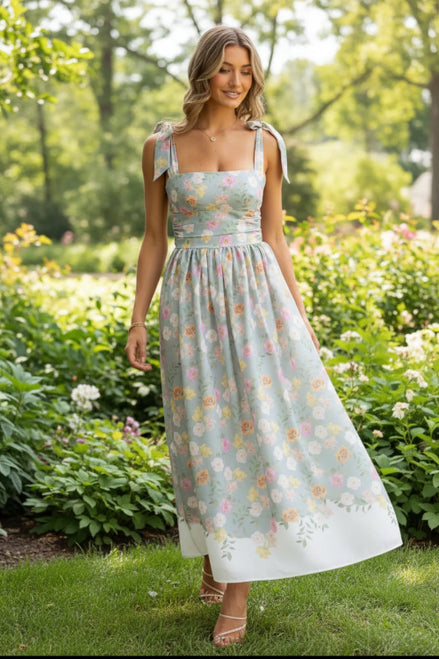 Woman wearing a floral dress with a neutral background