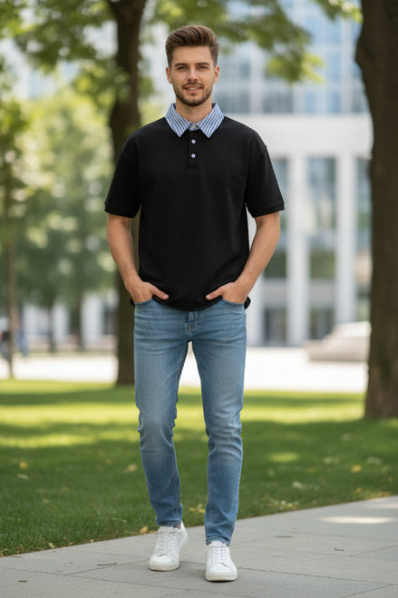 Black shirt with a striped collar on a white background