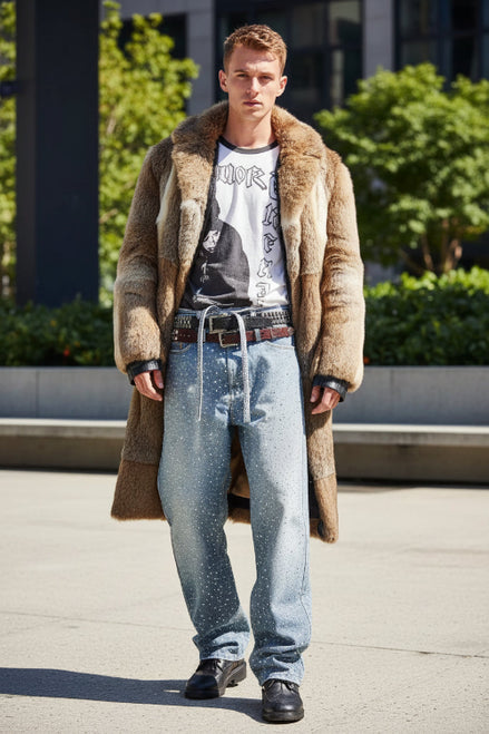 Person wearing a long coat, jeans, and a graphic t-shirt with a dark background