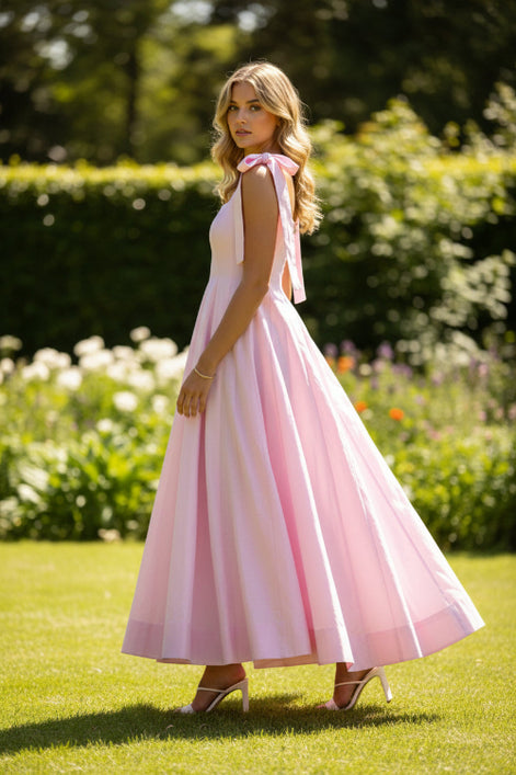 Pink dress with bow straps worn by a person against a plain background