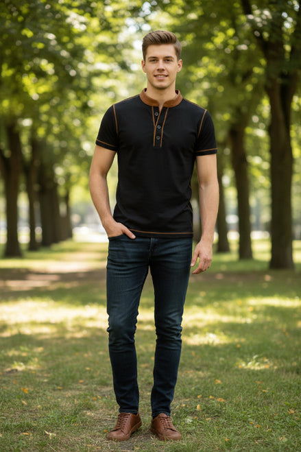 Black polo shirt with brown accents on a white background