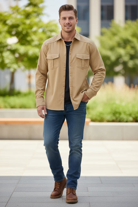 Beige shirt worn by a person with a neutral background