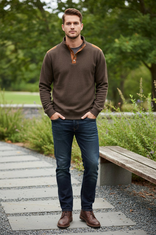 Brown long-sleeve shirt with leather accents on a white background