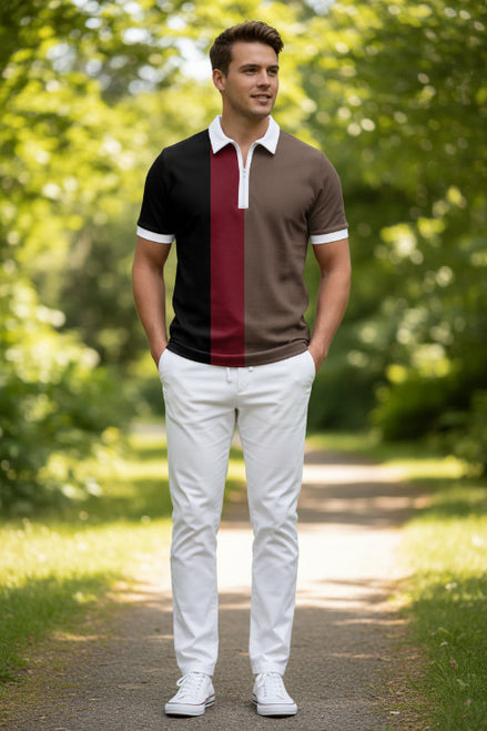 Color-blocked polo shirt with black, red, and brown sections on a plain background