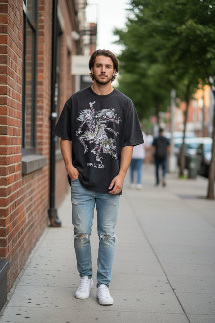 Black t-shirt with a skeleton horse design and text on a white background