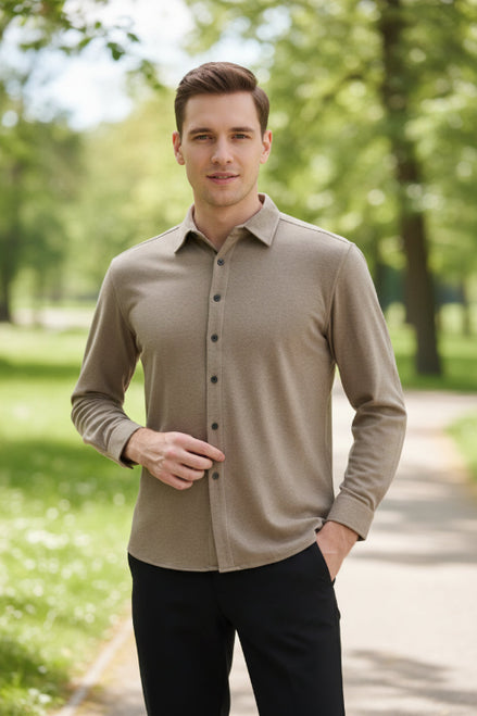 Man wearing a beige button-up shirt on a white background