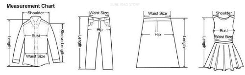 Measurement chart for clothing with labeled parts and dimensions.