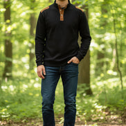 Black long-sleeve shirt with brown shoulder accents on a white background